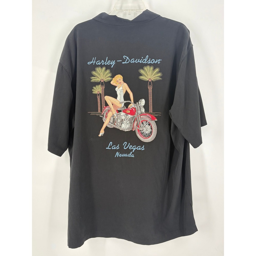 Harley Davidson Mens Las Vegas Nevada Embroidered Pinup Girl Shirt XL Silk Blend